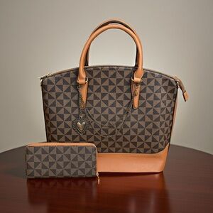 NWT Boutique Elegant Brown Geometric Satchel and Wallet Set
